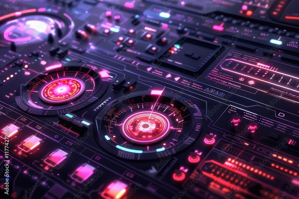 Futuristic Interface with Glowing Controls and Displays Futuristic Interface with Glowing Controls and Displays