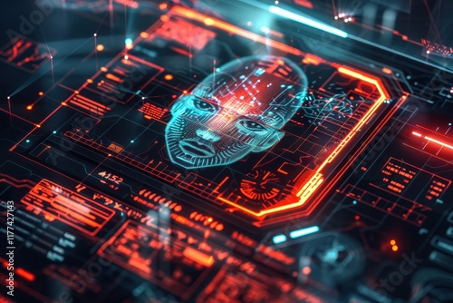 Digital Human Face Scanned on Futuristic Interface
