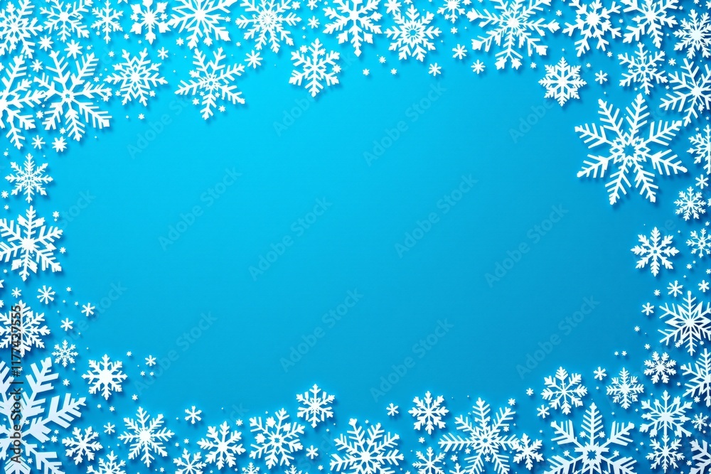 White snowflakes arranged as a border on a blue background, creating a festive and wintry design concept. Ai generative White snowflakes arranged as a border on a blue background, creating a festive and wintry design concept. Ai generative