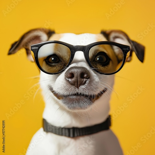 A charming dog dons glasses, showcasing its playful character and style. photo