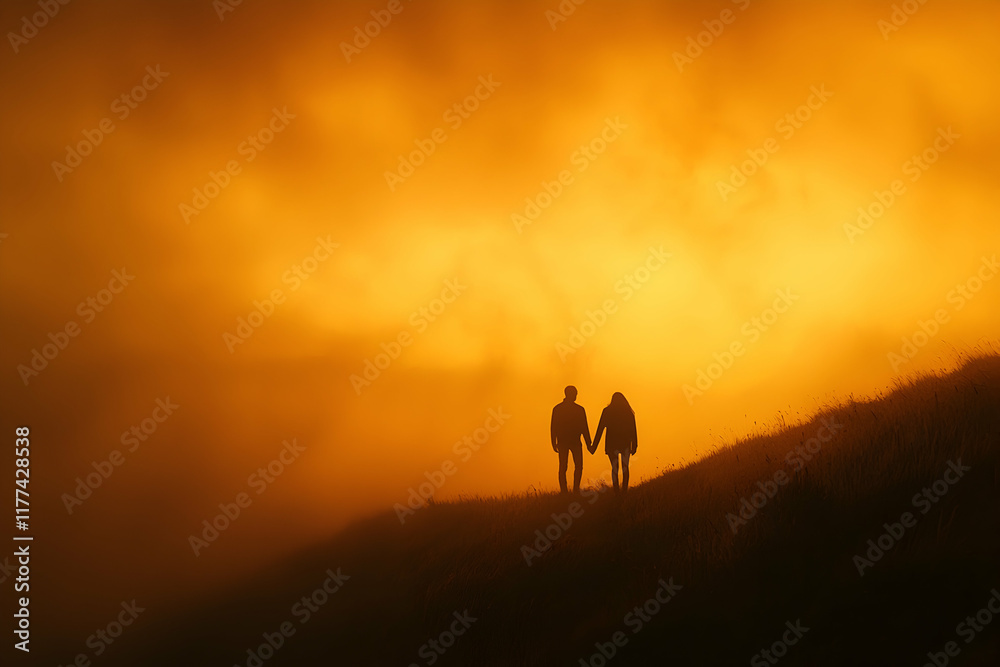 Golden Hour Romance: Silhouetted couple holding hands on a hilltop, bathed in the warm glow of a dramatic sunset. A breathtaking image of love and adventure.