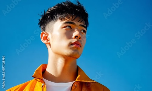 Asian man, outdoor portrait, clear sky, sunshine, fashion