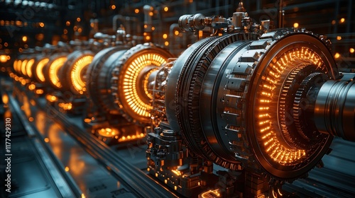 Glowing turbine engines on assembly line in industrial factory with complex background machinery