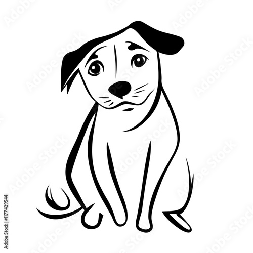 A clean black and white illustration of a friendly dog ​​with a sad face in a minimalist style emphasizing bold contours and simplicity.
