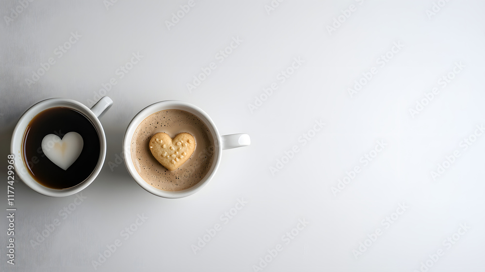 top view of two coffee cups, one with heart shaped foam and other with heart shaped cookie, creating warm and inviting atmosphere