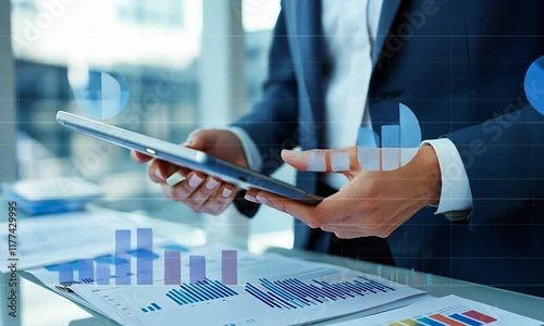 Businesswoman reviewing data on tablet in office
