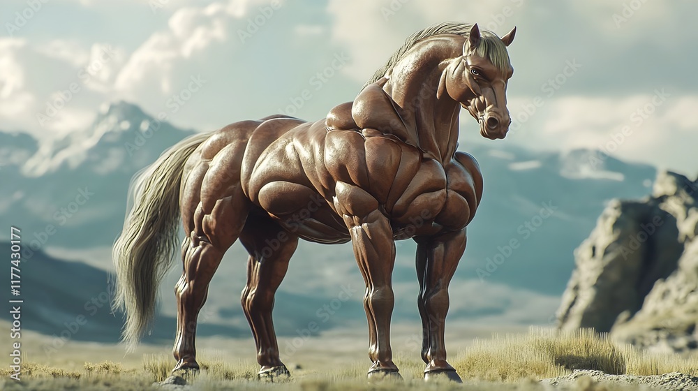 Obraz premium 3D render of a muscular horse bodybuilder in a cinematic Unreal Engine style. Fusion of Strength, Power, and Artistic Visualization with Nature. Cartoon Bodybuilder Horse Mascots anima illisturation
