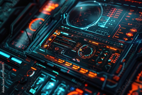 Futuristic Control Panel with Glowing Orange and Blue Lights