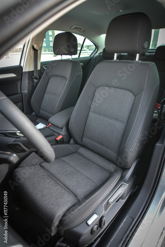 Comfortable car interior with gray fabric seats