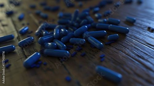 Scattered blue capsules and granules spread across a rustic wooden surface, highlighting a striking combination of texture, color, and medical themes with a contemporary touch. photo