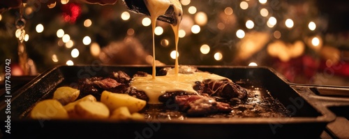 Christmas Raclette: Melted Cheese on Sizzling Steak and Potatoes Festive Holiday Dinner photo