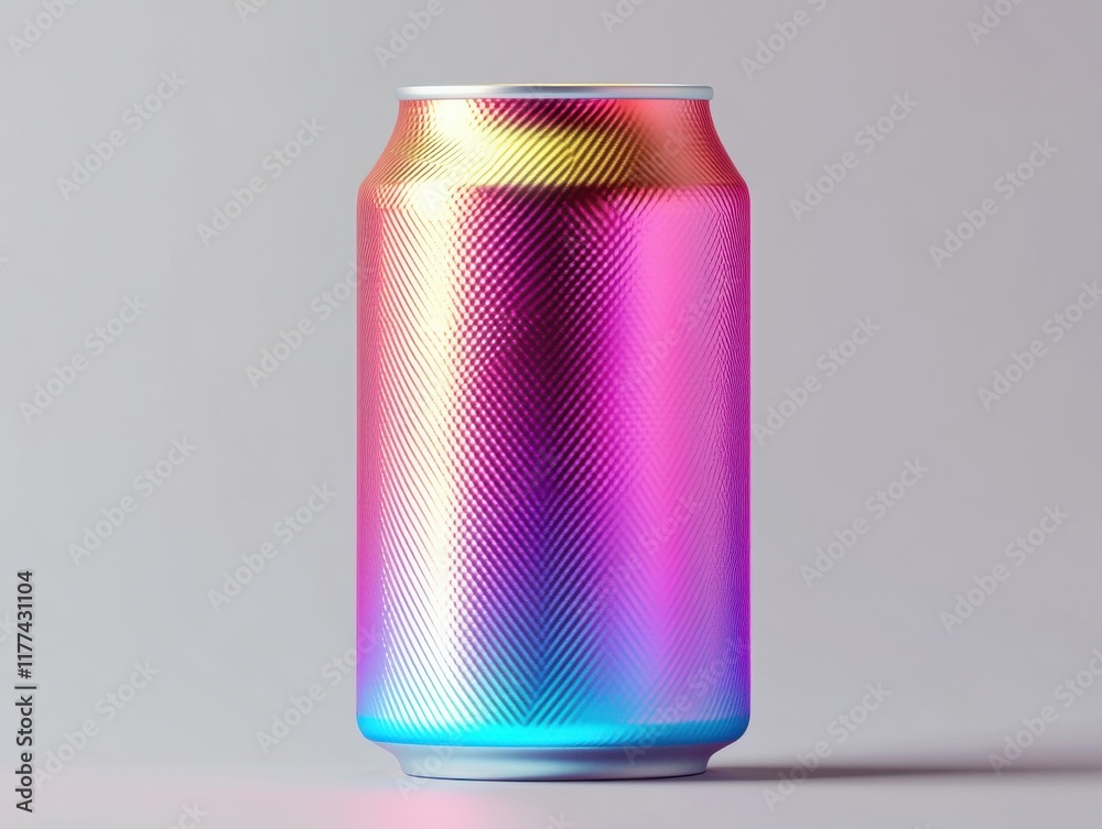 A vibrant, colorful soda can with rainbow hues and patterns. A vibrant, colorful soda can with rainbow hues and patterns.
