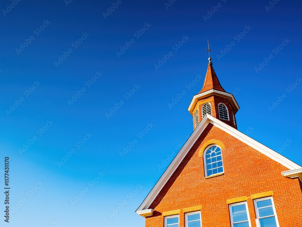 Beautifully crafted red brick building against a clear blue sky. Beautifully crafted red brick building against a clear blue sky.
