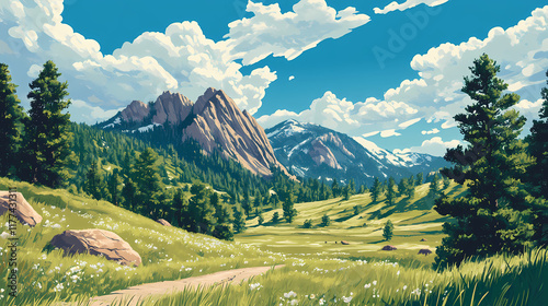 Scenic vista of evergreen meadow in the foothills of colorado rockies with rocky mountain. Foothill. Illustration