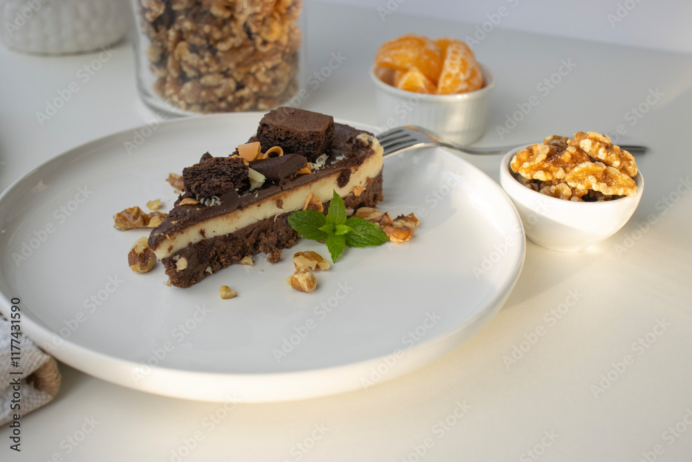A piece of chocolate cake with nuts, decorated with a mint leaf, lies on a white plate. Small bowls with walnuts and peeled mandarin segments are located nearby. View from above A piece of chocolate cake with nuts, decorated with a mint leaf, lies on a white plate. Small bowls with walnuts and peeled mandarin segments are located nearby. View from above
