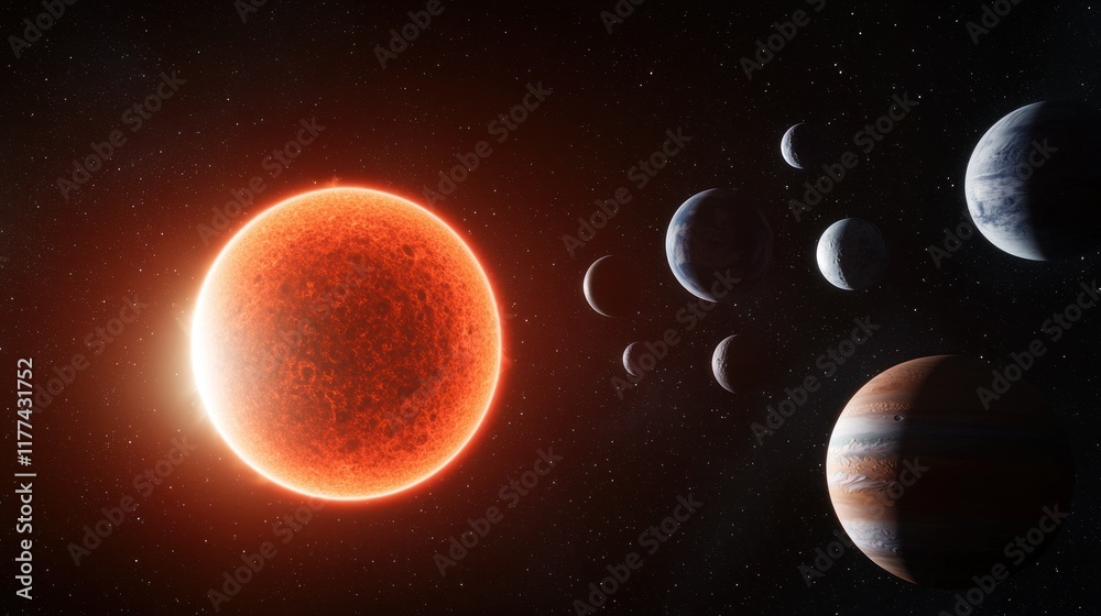 Fototapeta premium A vibrant depiction of a star and its orbiting planets in space.