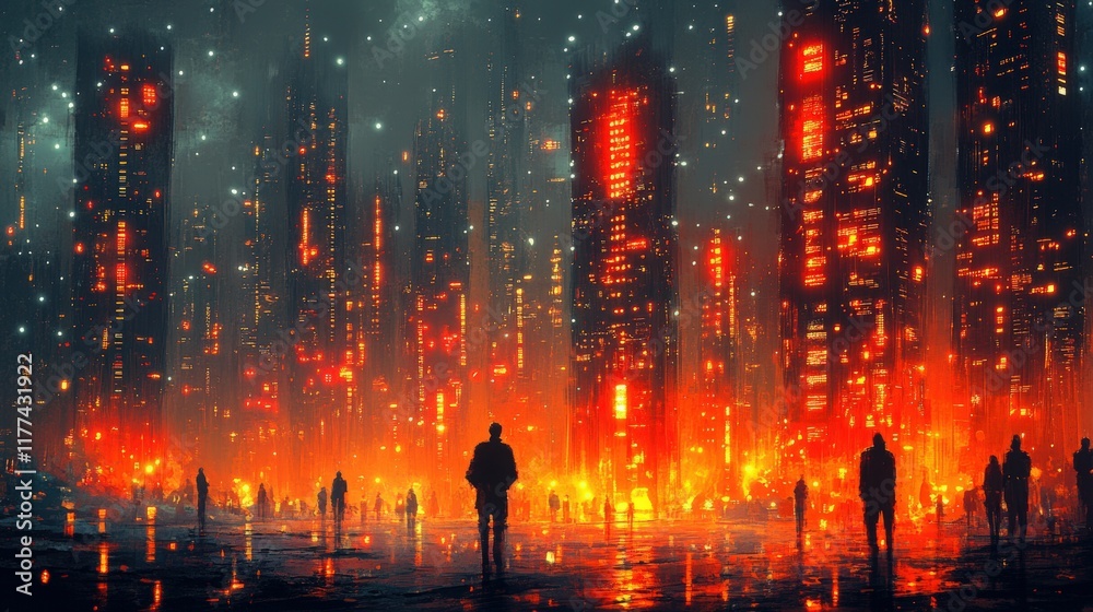 Naklejka premium Futuristic Cityscape at Night with Silhouetted Figures Amidst Glowing Skyscrapers and Vivid Lights in a Neon Urban Environment