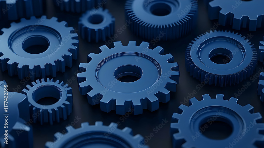 Blue gears meshing, intricate mechanism, industrial background, representing teamwork and complex systems, ideal for engineering or technology concepts. Blue gears meshing, intricate mechanism, industrial background, representing teamwork and complex systems, ideal for engineering or technology concepts.