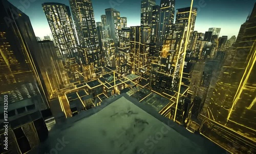 Aerial Night Cityscape Illuminated Grid, Futuristic Skyline