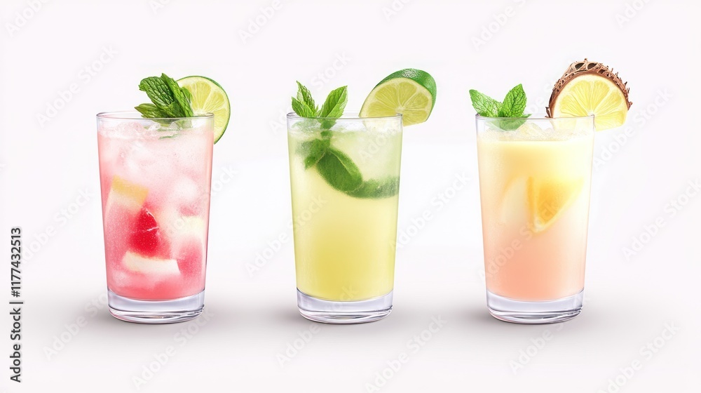 Three colorful drinks with garnishes and ice in clear glasses. Three colorful drinks with garnishes and ice in clear glasses.