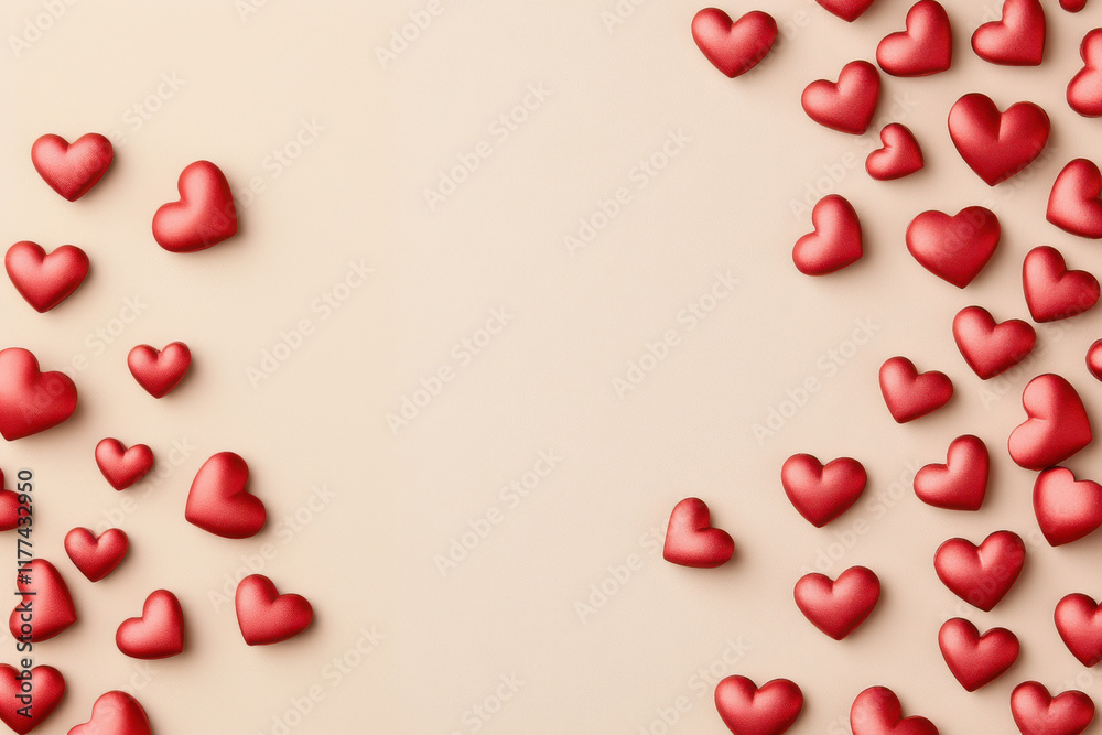 Valentine Background Concept, Red heart shaped confetti scattered on soft beige background