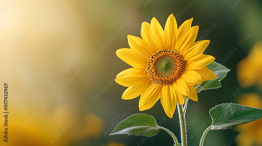 Fototapeta premium Bright Sunflower in Field, Summer Sunlight, Blurred Background, Botanical Photography, Ideal for Nature or Wellness Designs.