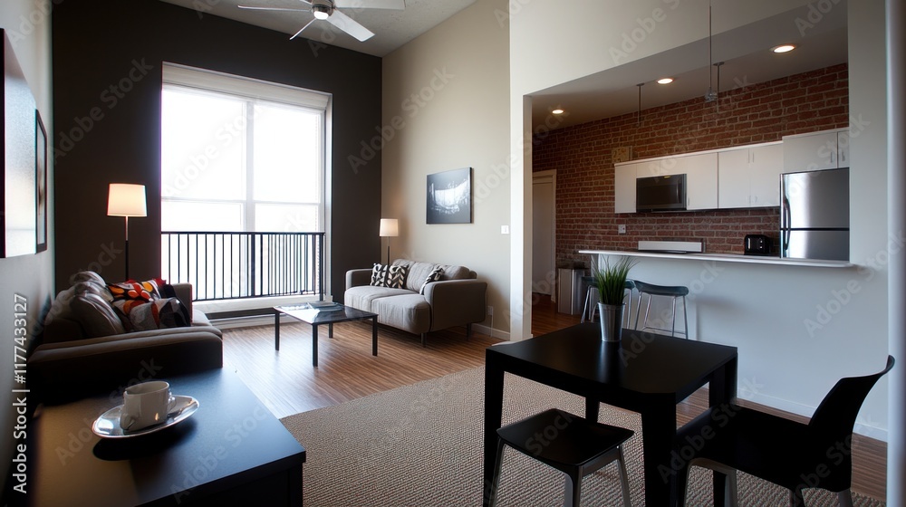 Fototapeta premium Modern living room and kitchen in a stylish apartment setting.