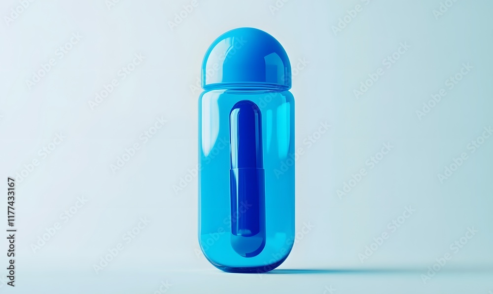 Blue capsule shaped container with a smaller capsule inside, on a light blue background. Blue capsule shaped container with a smaller capsule inside, on a light blue background.