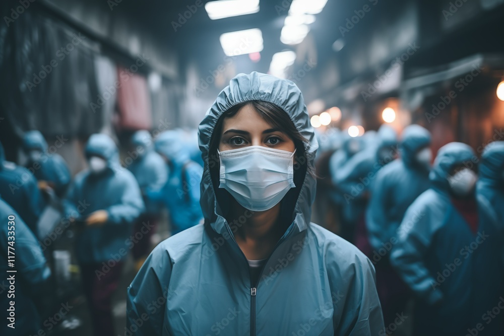 Masked Individuals in Protective Gear in a Dimly Lit Industrial Setting During a Pandemic