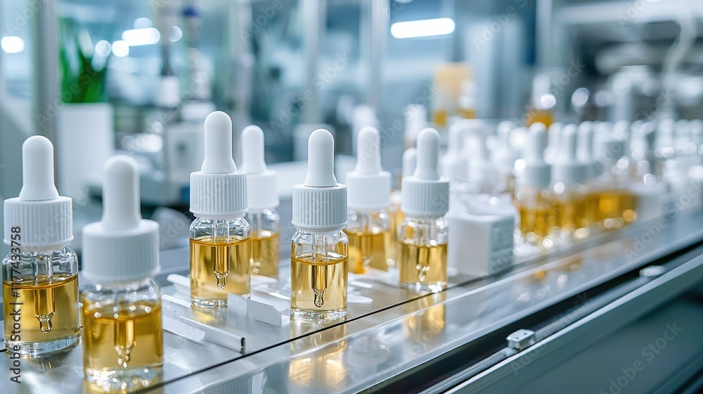 A display of glass dropper bottles filled with a golden liquid, arranged neatly on a production line in a modern laboratory setting. A display of glass dropper bottles filled with a golden liquid, arranged neatly on a production line in a modern laboratory setting.