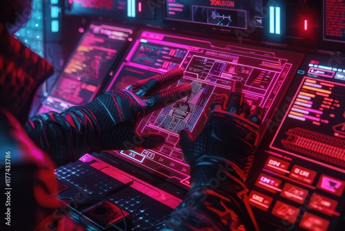 Gloved Hands Interacting with Futuristic Digital Interface