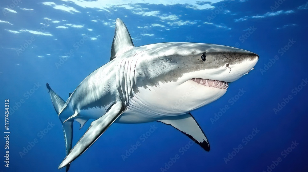 Fototapeta premium A majestic shark swimming gracefully in clear blue waters.