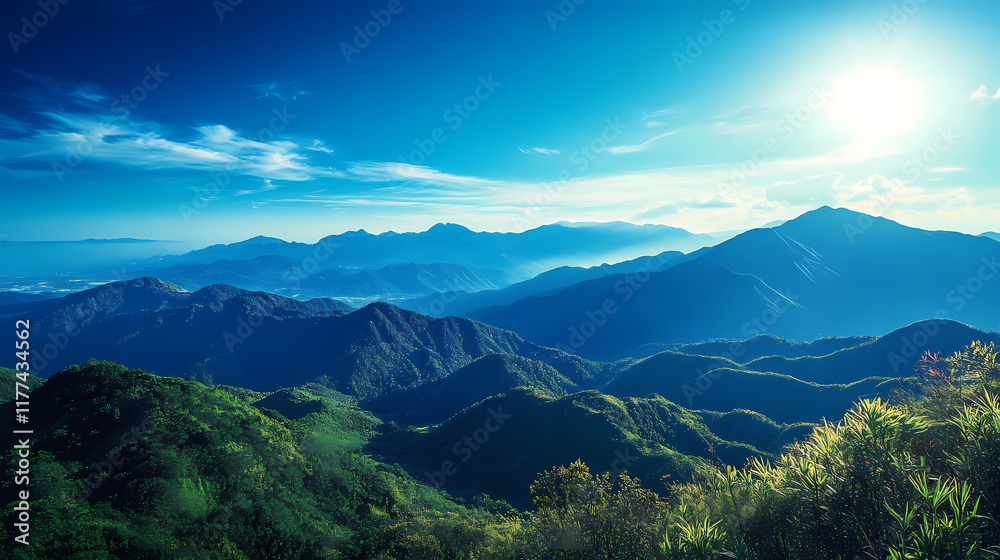 Obraz premium Stunning vista expansive mountain ranges glistening under clear blue skies highlighting beauty grandeur, adventure, destination, earth, flora, foothill. Foothill. Illustration