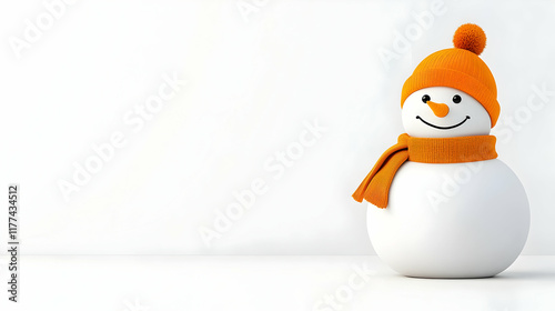 Cheerful snowman in orange hat and scarf against white background; winter holiday greeting card.