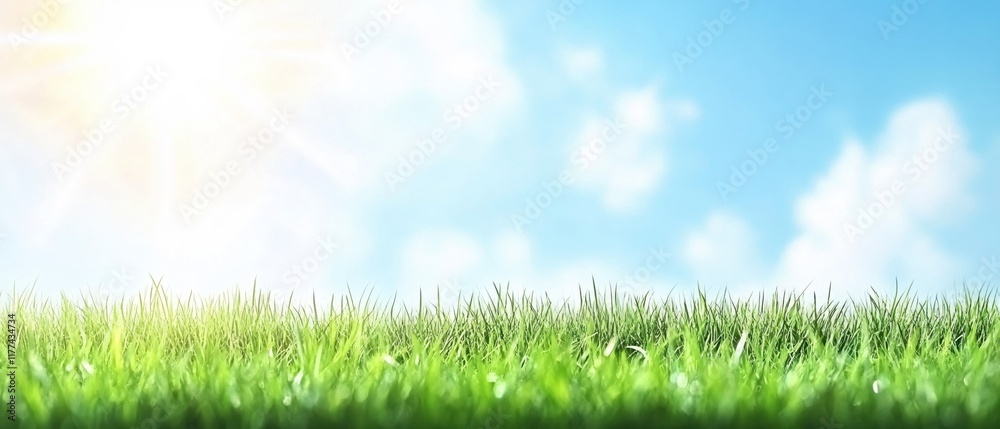 Fototapeta premium Lush Green Grass Under Bright Blue Sky with Soft White Clouds and Sunlight