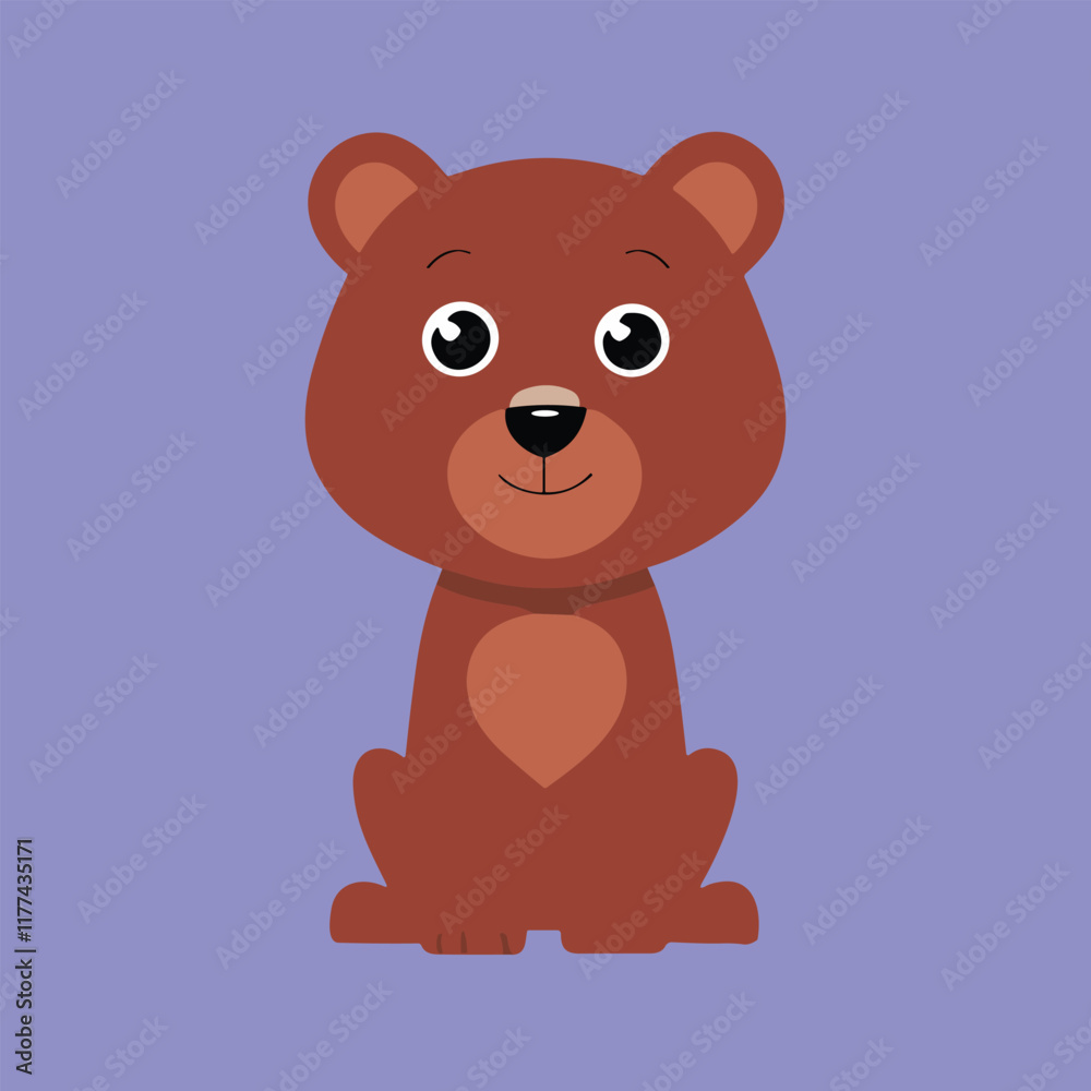 Cute brown bear sits, purple background, kids' design Cute brown bear sits, purple background, kids' design