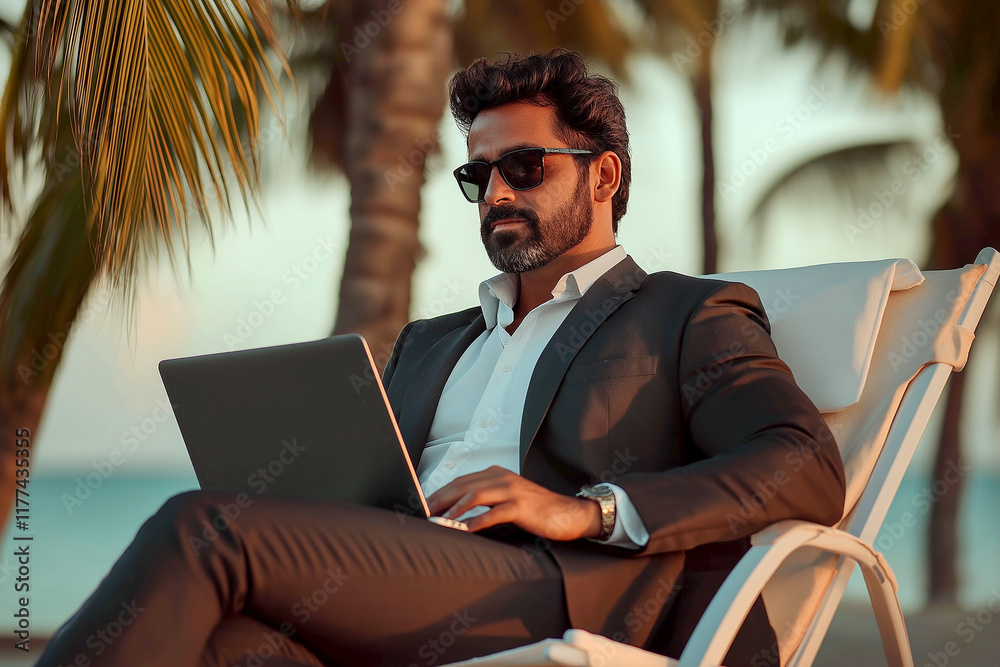 A businessman with a laptop on the beach, wearing sunglasses and a suit, sitting in a wicker chair.
A businessman with a laptop on the beach, wearing sunglasses and a suit, sitting in a wicker chair.