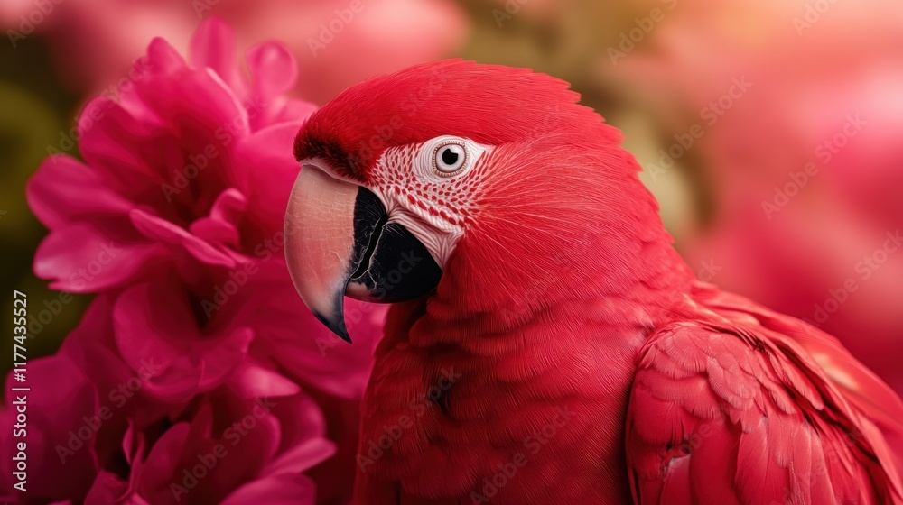 Fototapeta premium striking red parrot sits gracefully among vivid pink flowers in a lush garden, showcasing its colorful feathers and expressive gaze as sunlight filters through the blooms