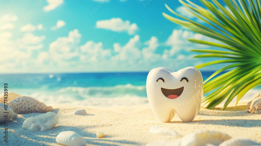 Obraz premium Cheerful tooth character on sunny beach, dental paradise concept