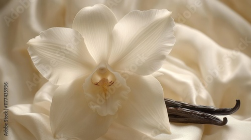 Exquisite white orchid and vanilla pods on a smooth cream-colored fabric.