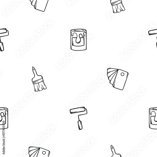 Simple black and white seamless pattern with paint can, brush, palette and roller. Editable background with construction, repair