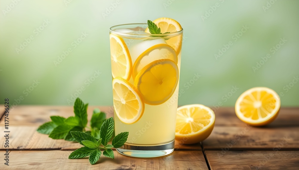 Fototapeta premium Clear glass, refreshing lemonade, ice cubes, lemon slices, fresh mint leaves, condensation, wooden table, green background, summer drink, citrus beverage, vibrant colors