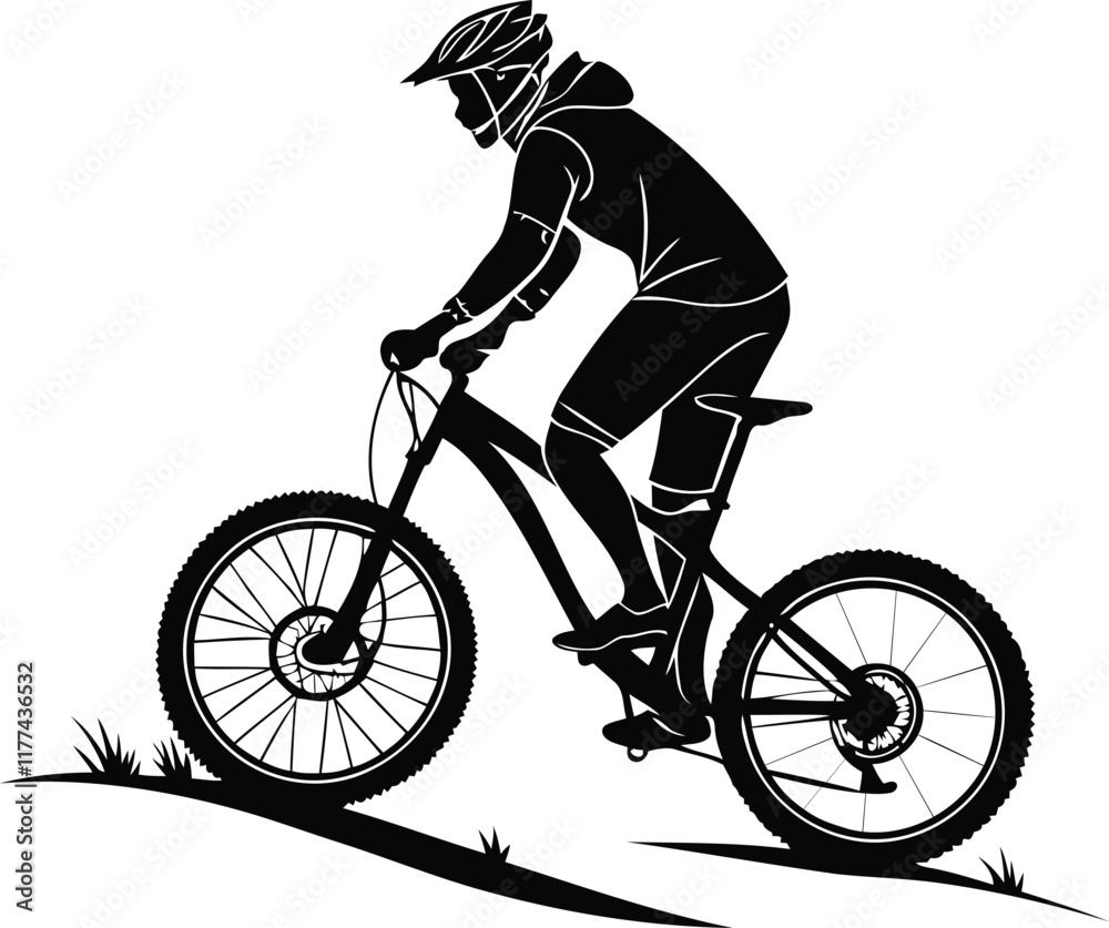 Naklejka premium A mountain biker riding a mountain bike vector, mountain biker riding a mountain bike silhouette, mountain biker riding a mountain bike line art vector illustration