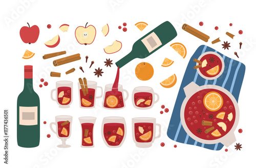 Mulled Wine Flat Collection. Hot Alcohol Drink with Spices, Fruits and Berries. Cinnamon, Orange, Apple, Different Glasses.
