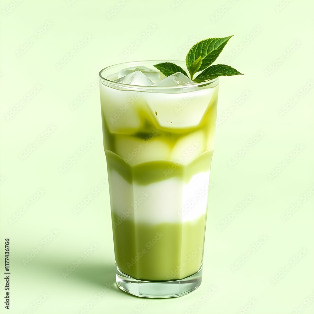 Green cocktail, layered drink, tall glass, ice cubes, mint garnish, creamy bottom layer, clear top layer, white background Green cocktail, layered drink, tall glass, ice cubes, mint garnish, creamy bottom layer, clear top layer, white background