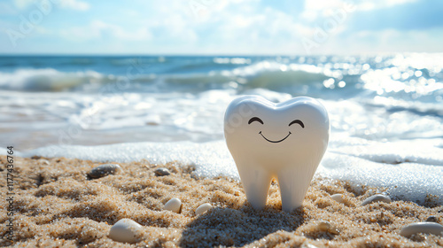 Content tooth character on sunny beach, dental vacation concept