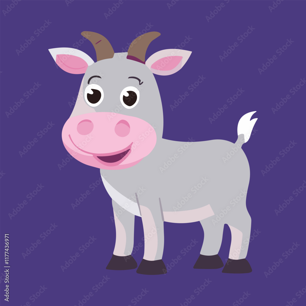 Happy goat illustration, purple backdrop, kids' book Happy goat illustration, purple backdrop, kids' book