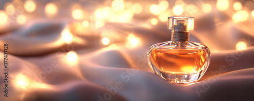delicate glass perfume bottle sits elegantly on soft fabric, surrounded by soft glowing bokeh lights, creating warm and inviting atmosphere