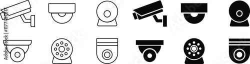 CCTV security camera icons set video surveillance monitoring, defocused home security camera, wall mounted for outdoor area safety and observation flat and line vector collection isolated transparent photo