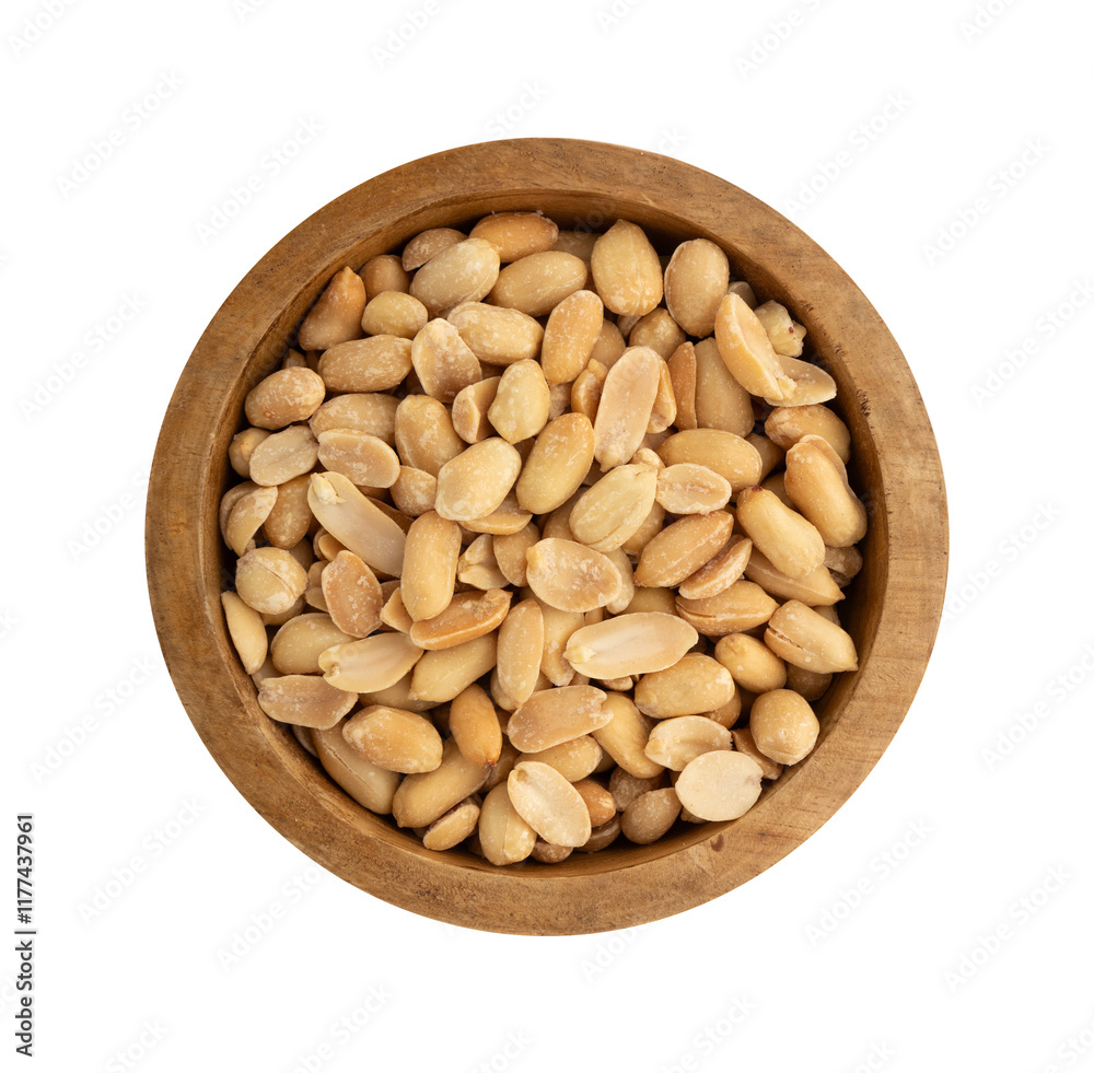 pile of roasted shelled peanuts in wooden bowl isolated on white background pile of roasted shelled peanuts in wooden bowl isolated on white background